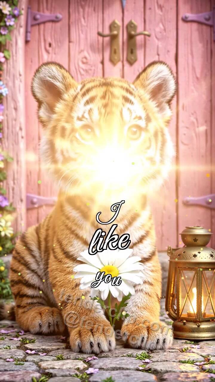 Animated greeting card about I like you: tiger cub gets shy with a lantern