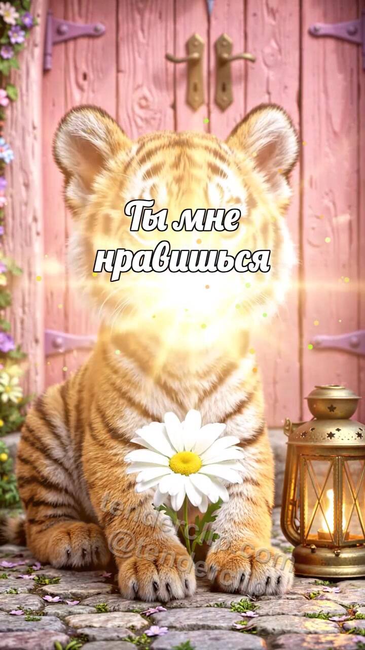 Анимационная открытка на тему Ты мне нравишься: тигрёнок смущается с фонариком