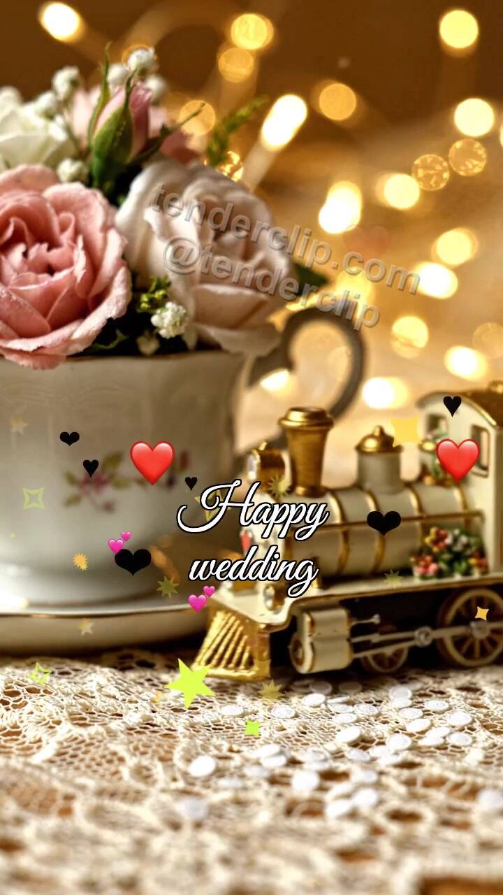 Animated greeting card about Happy wedding: toy train delivers a gift