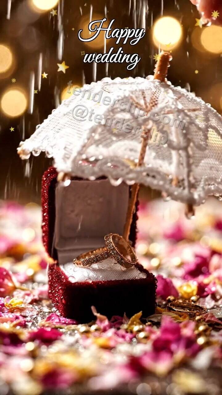 Animated greeting card about Happy wedding: umbrella shelters two
