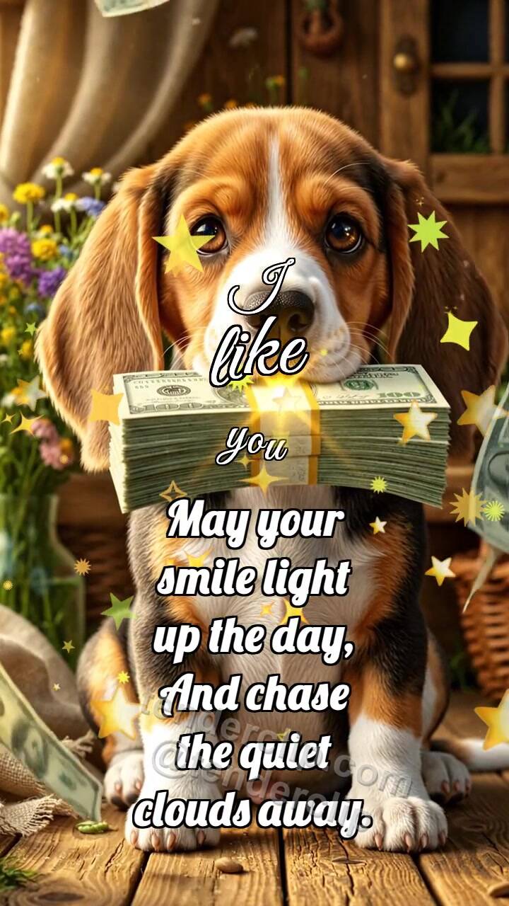 Animated greeting card about I like you: Puppy Holds Cash