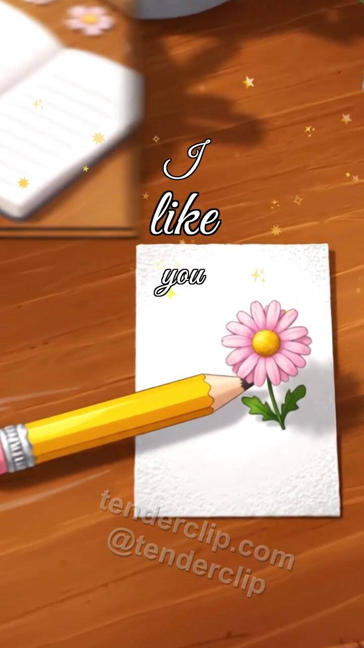 Animated greeting card about I like you: pencil hesitates near a blank card