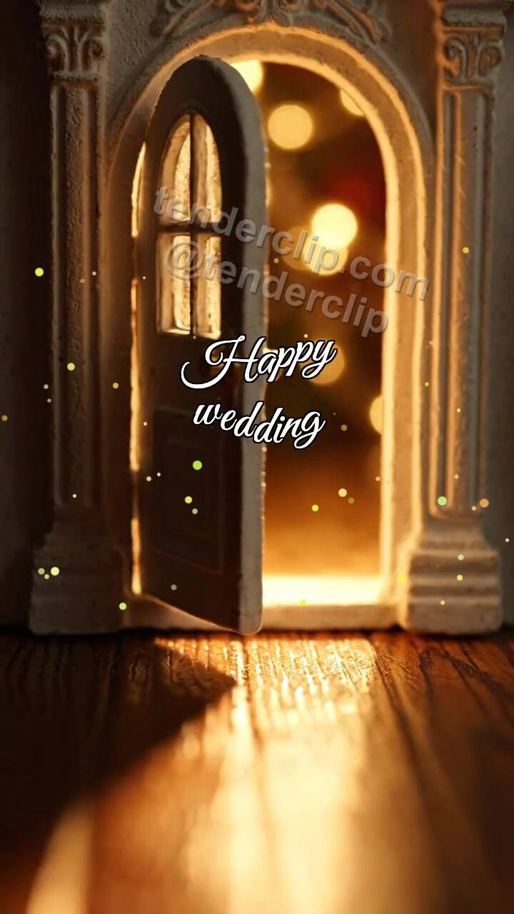 Animated greeting card about Happy wedding: little door opens warm light