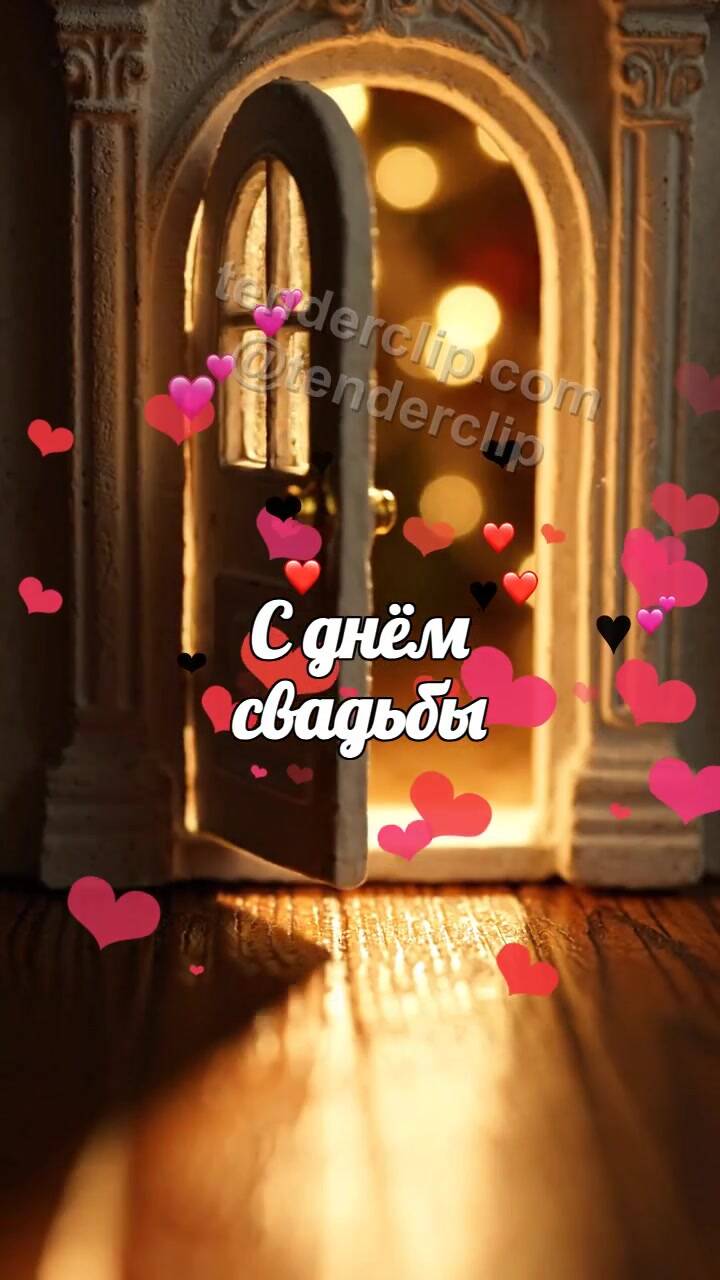 Анимационная открытка на тему С днём свадьбы: маленькая дверь выпускает свет
