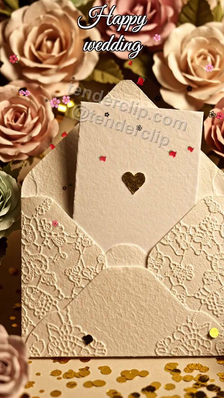 Animated greeting card about Happy wedding: envelope hugs a card