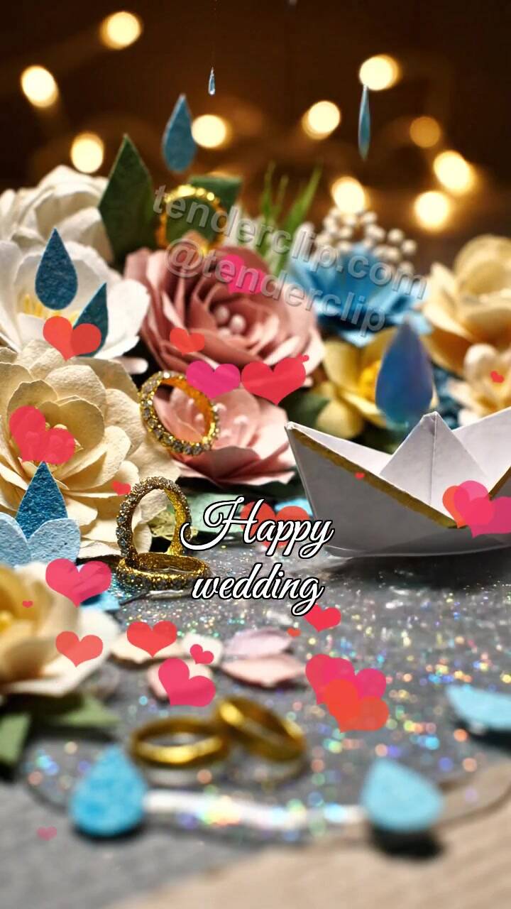 Animated greeting card about Happy wedding: little boat crosses a puddle