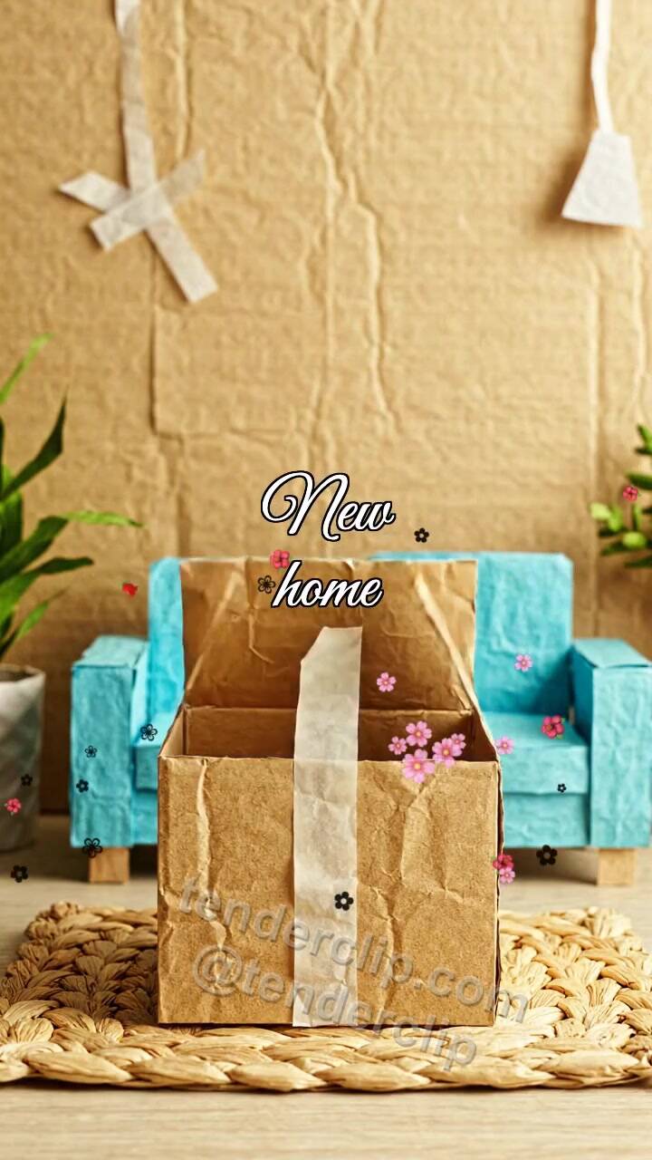 Animated greeting card about New home: moving box opens with a plant