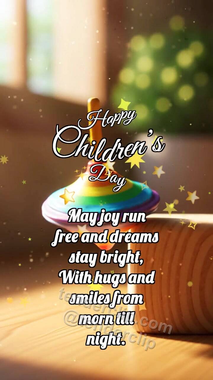 Animated greeting card about Happy Children’s Day: Rainbow Top Befriends Block