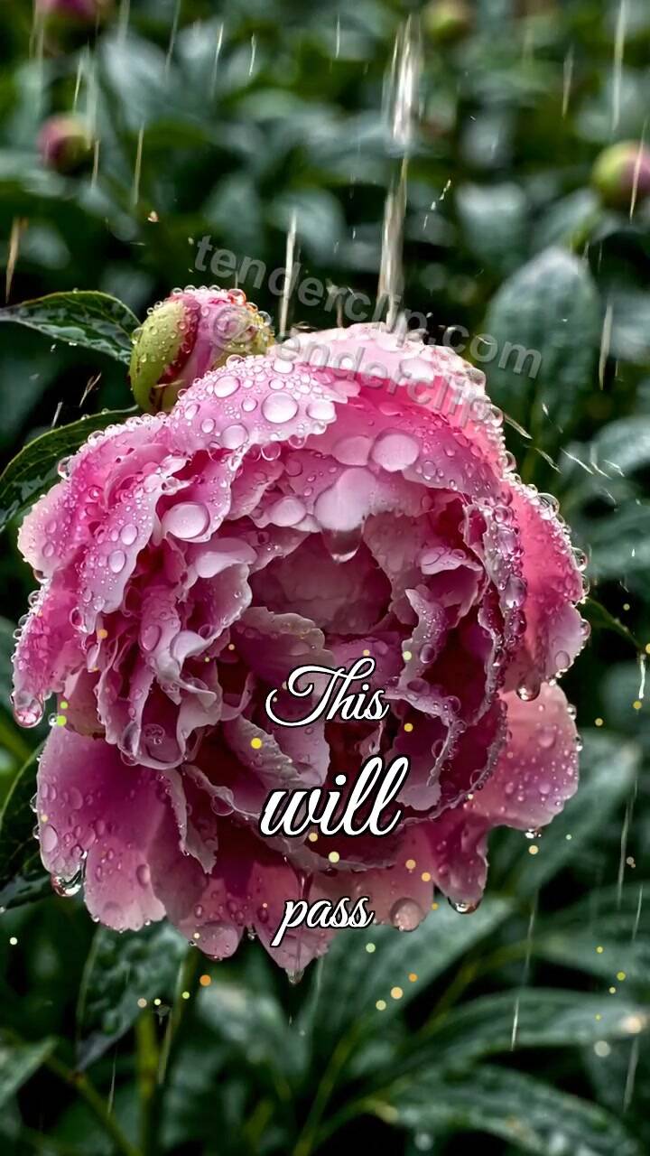 Animated greeting card about This will pass: rain stops over flower