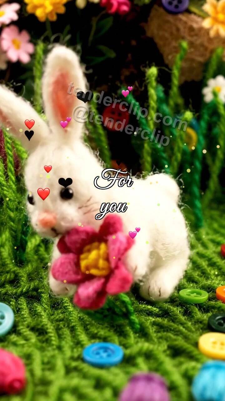 Animated greeting card about For you: bunny offers a flower