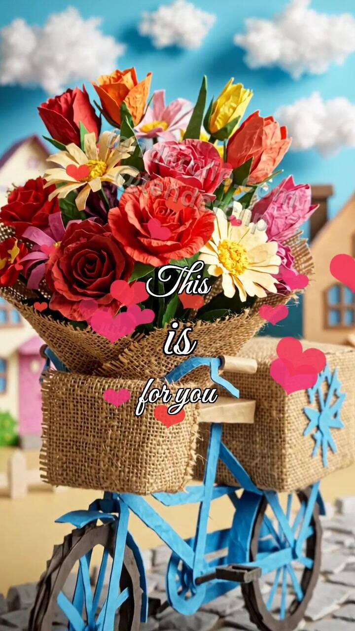 Animated greeting card about This is for you: flower offered to camera