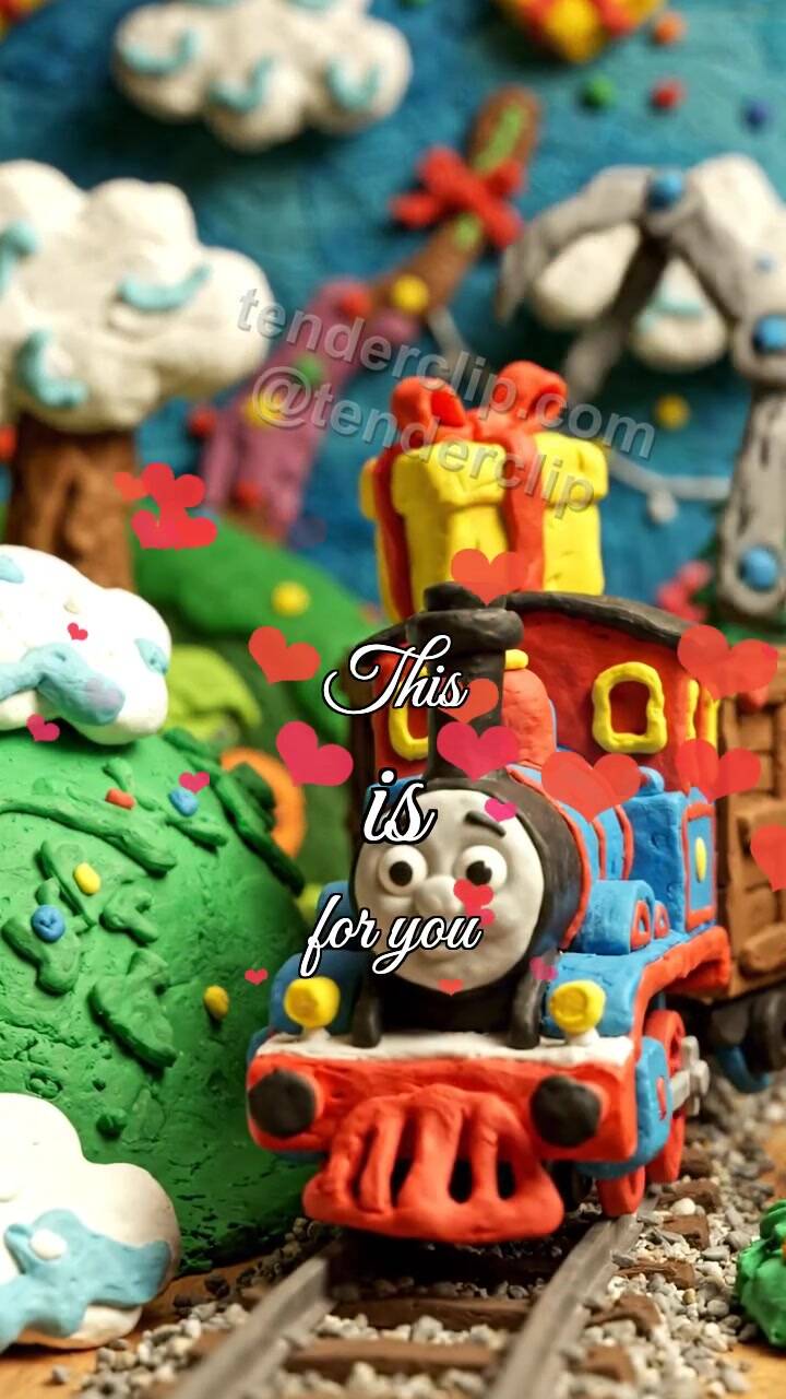 Animated greeting card about This is for you: toy train brings a gift