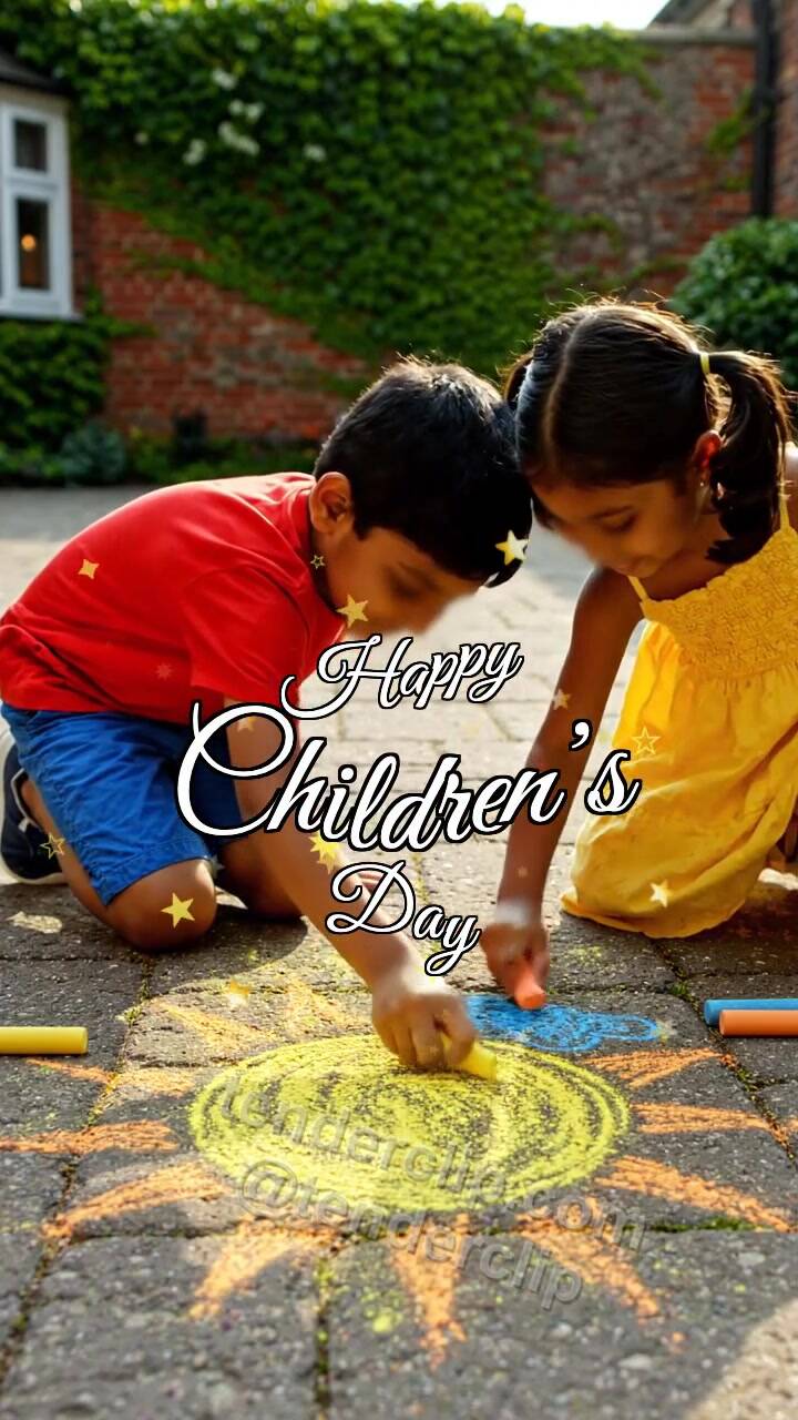 Animated greeting card about Happy Children’s Day: children draw a chalk sun
