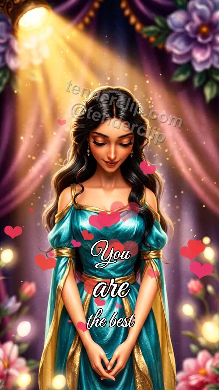 Animated greeting card about You are the best: warm spotlight finds her
