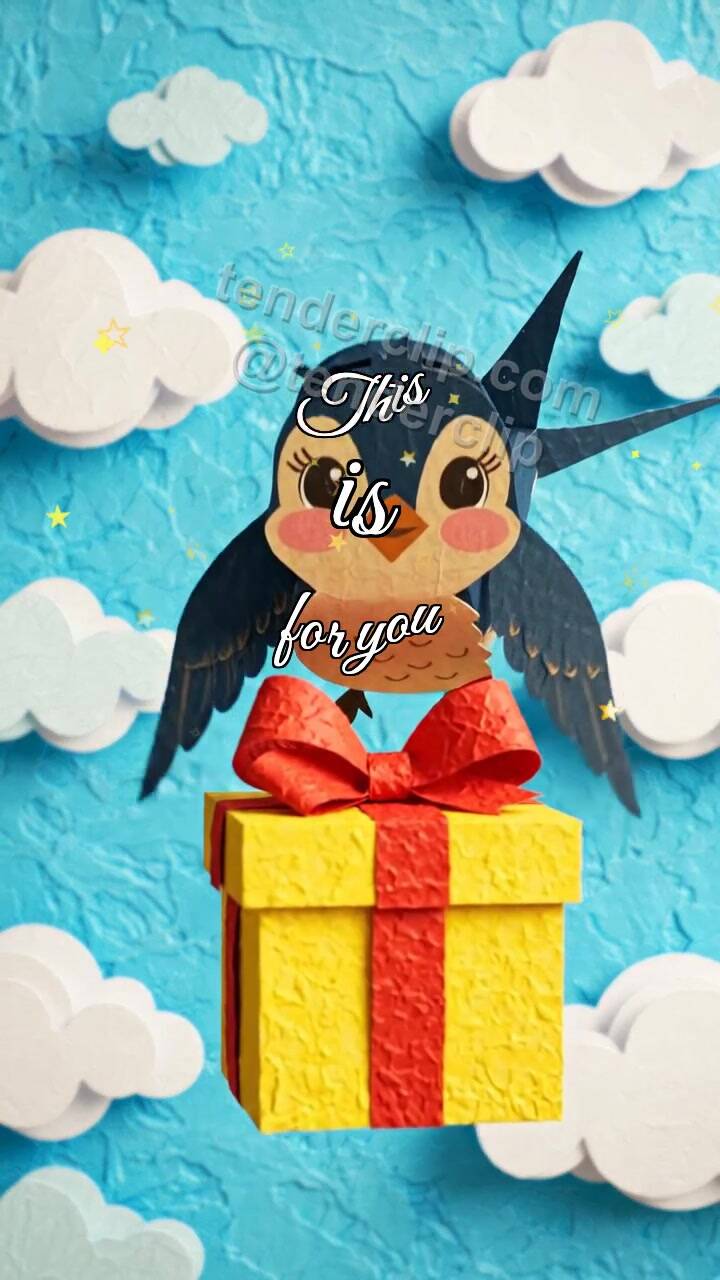 Animated greeting card about This is for you: paper bird brings a gift