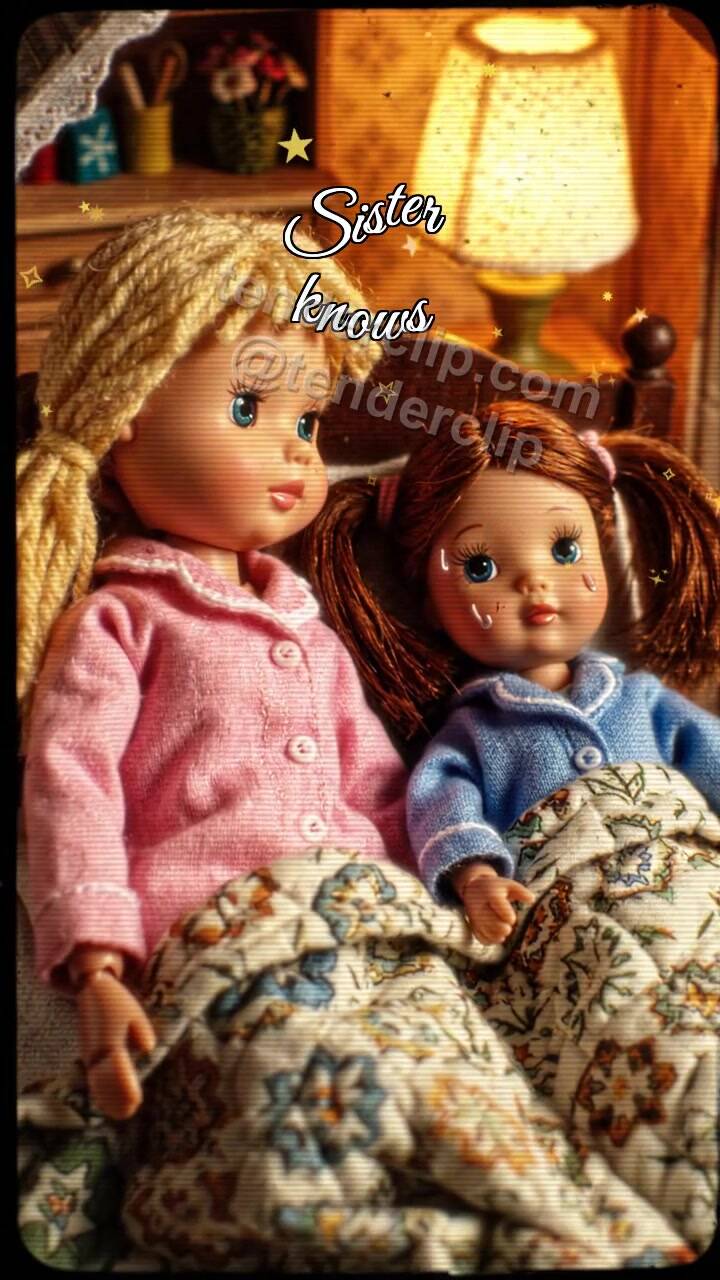 Animated greeting card about Sister knows: blanket covers two dolls