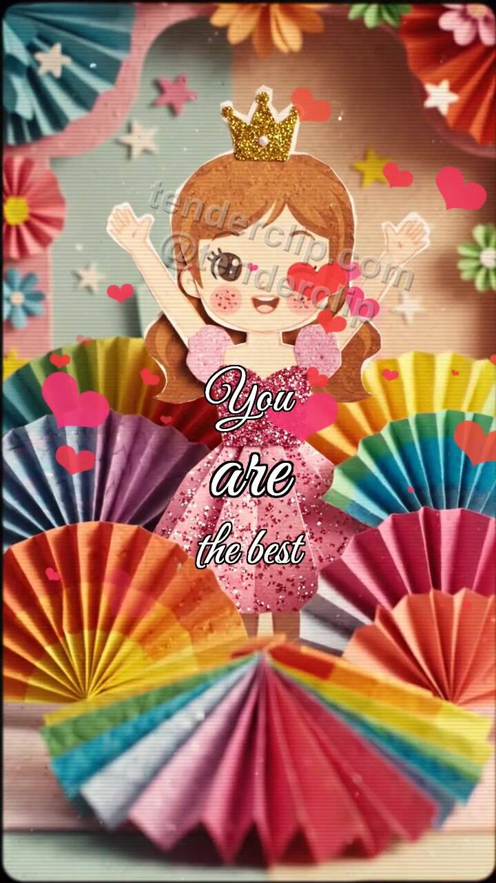 Animated greeting card about You are the best: paper fans cheer for her