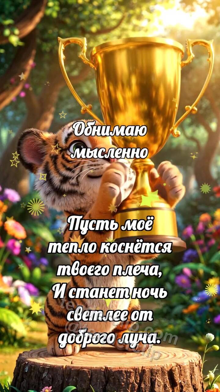 Анимационная открытка на тему Обнимаю мысленно: Тигрёнок получает трофей