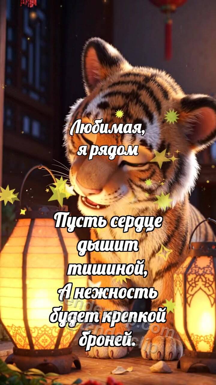 Анимационная открытка на тему Любимая, я рядом: Тигрёнок зажигает второй фонарь