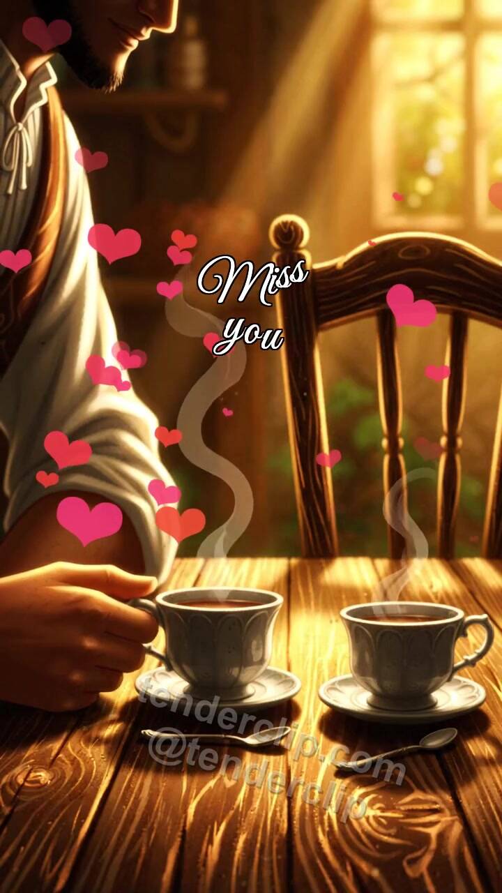 Animated greeting card about Miss you: second cup waits on the table