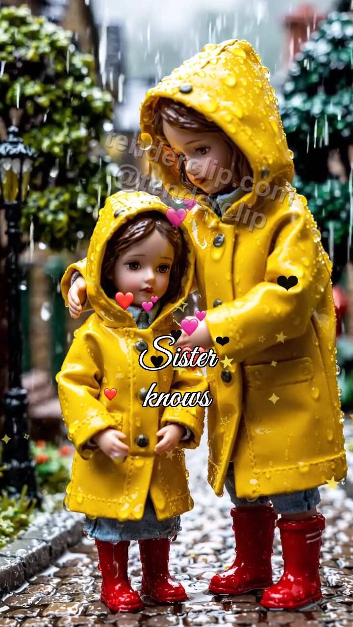 Animated greeting card about Sister knows: matching raincoats share cover
