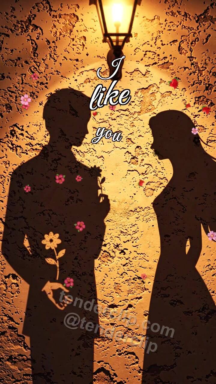 Animated greeting card about I like you: a man shadow gives a flower to a woman