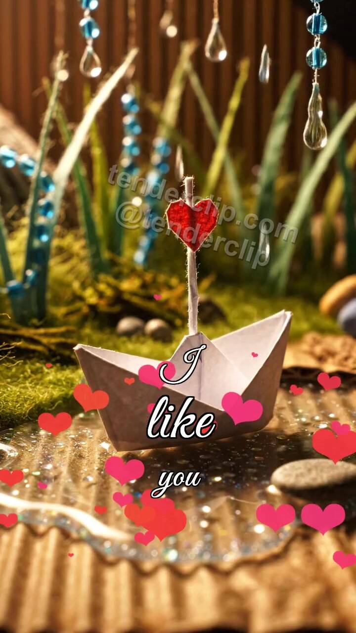 Animated greeting card about I like you: little boat crosses a puddle