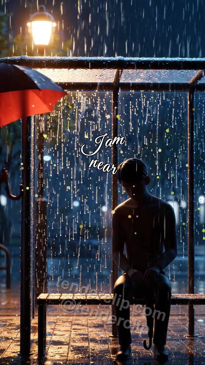 Animated greeting card about I am near: woman shields a man from rain
