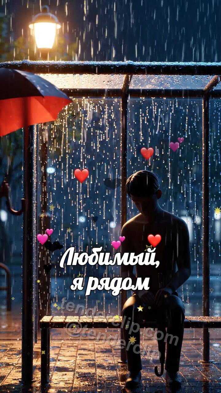 Анимационная открытка на тему Любимый, я рядом: женщина закрывает мужчину от дождя