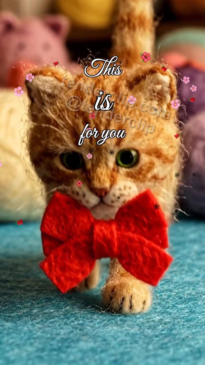 Animated greeting card about This is for you: kitten brings a bow