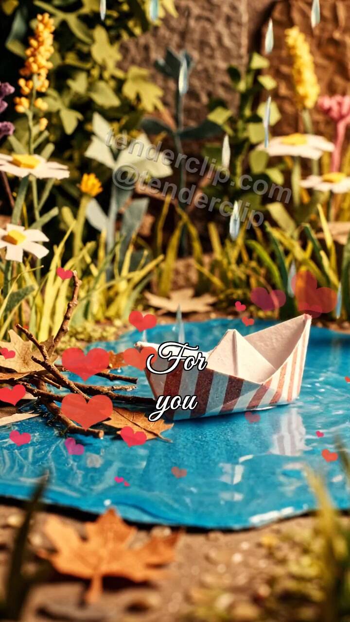 Animated greeting card about For you: little boat crosses a puddle