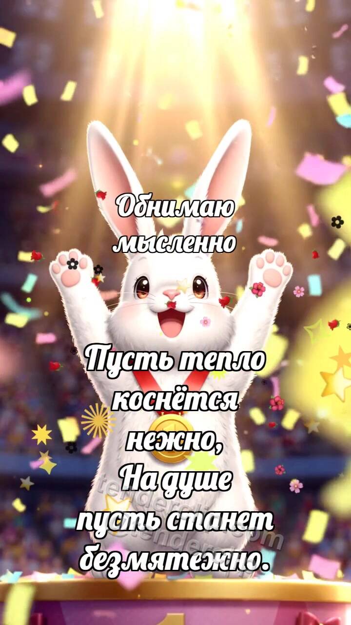 Анимационная открытка на тему Обнимаю мысленно: Зайчик на вершине