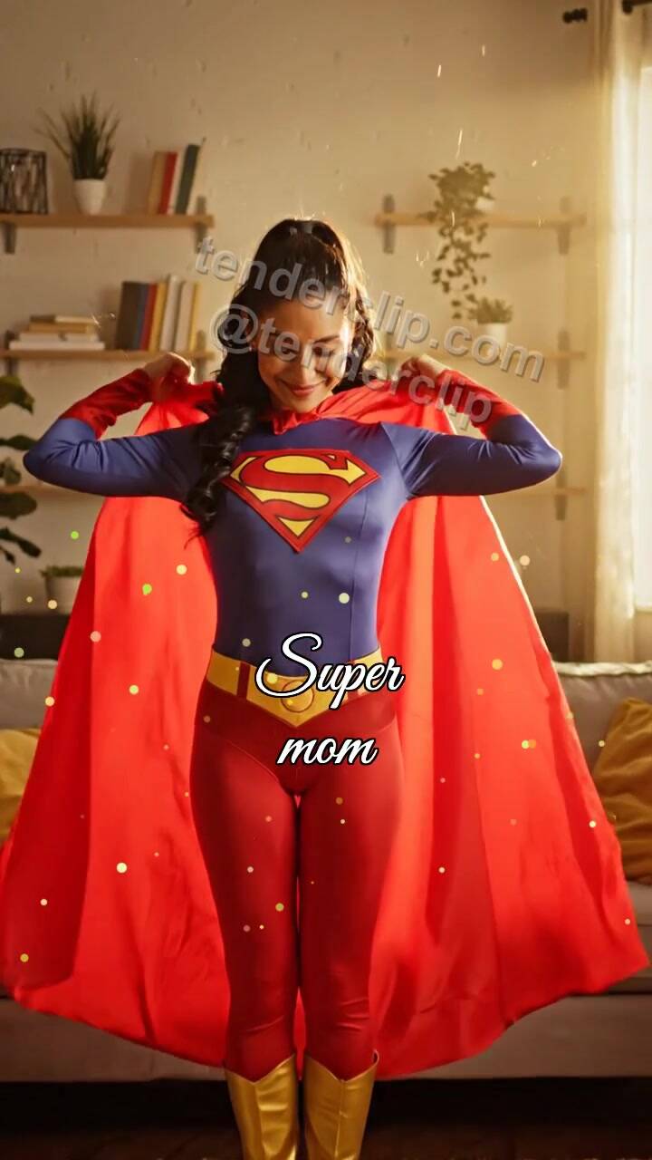 Animated greeting card about Super mom: super mom takes a shy bow