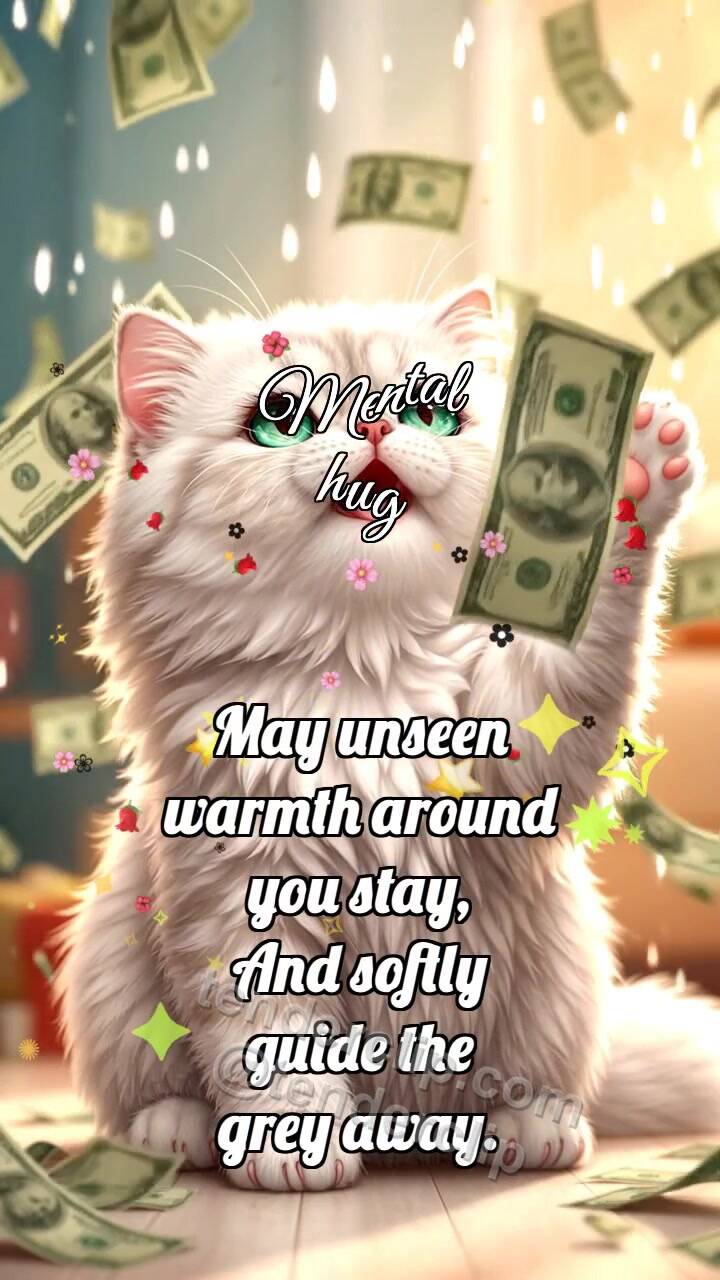 Animated greeting card about Mental hug: Kitten Under Money Rain