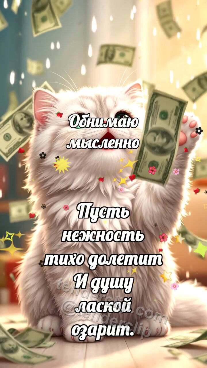 Анимационная открытка на тему Обнимаю мысленно: Котёнок под дождём денег