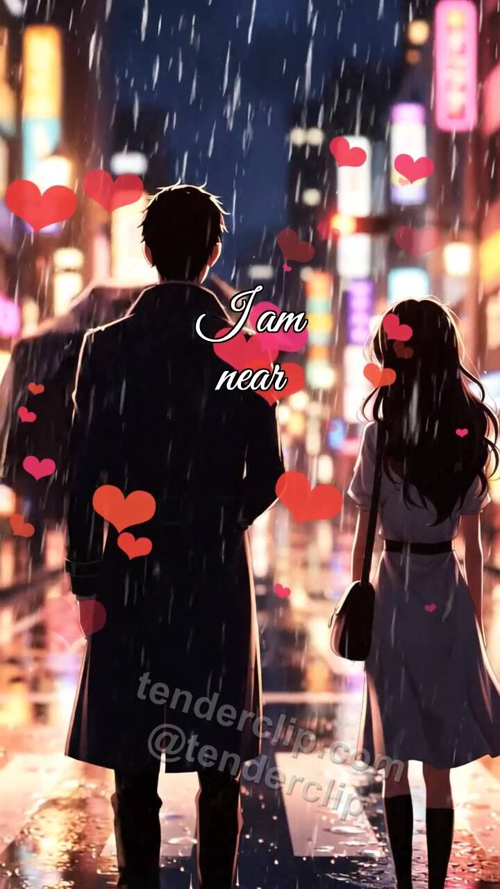 Animated greeting card about I am near: man shields a woman from rain
