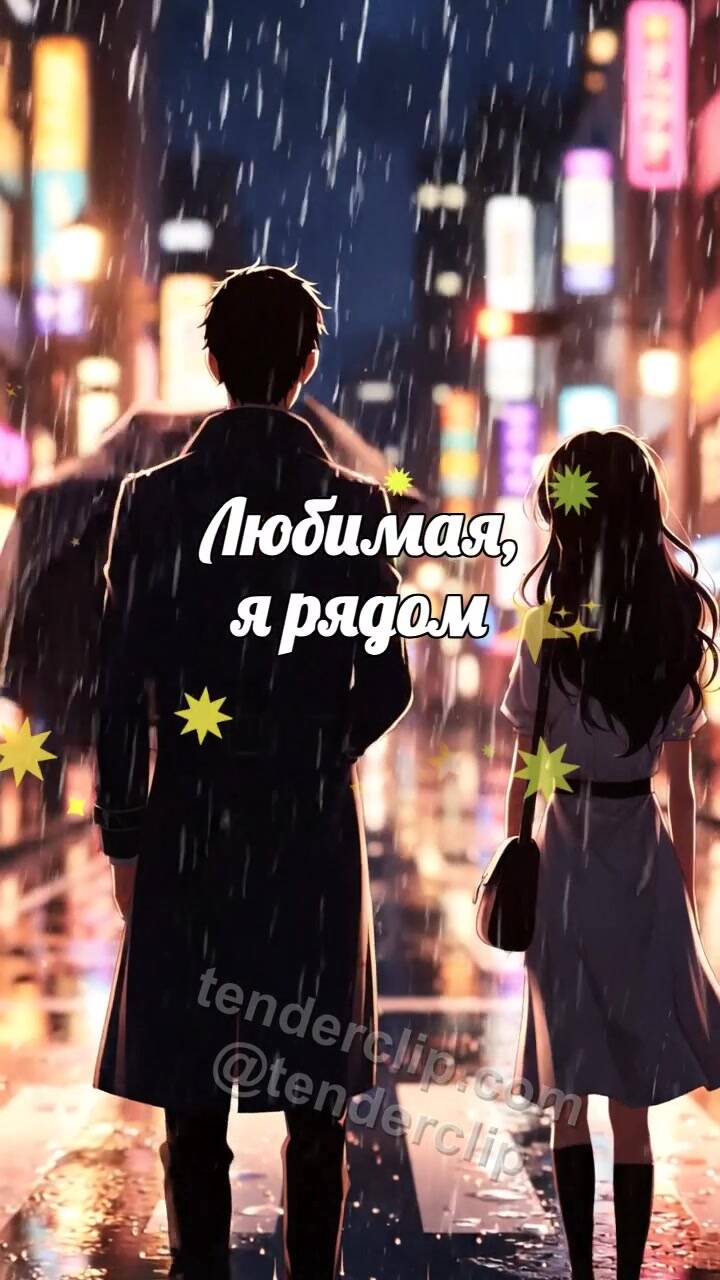 Анимационная открытка на тему Любимая, я рядом: мужчина закрывает женщину от дождя