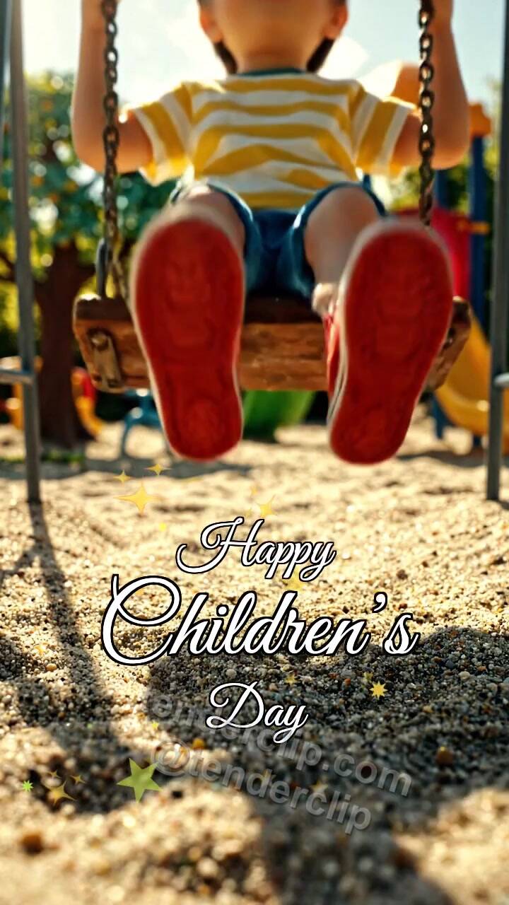 Animated greeting card about Happy Children’s Day: child swings on a playground swing