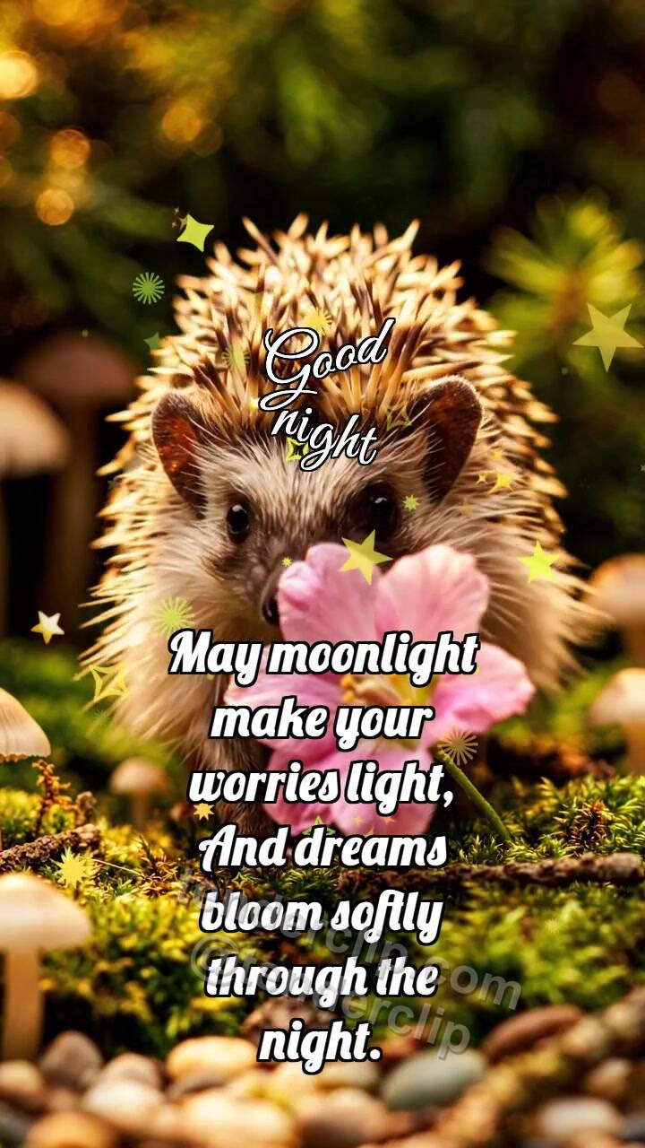 Animated greeting card about Good night: Hedgehog Carries Flower