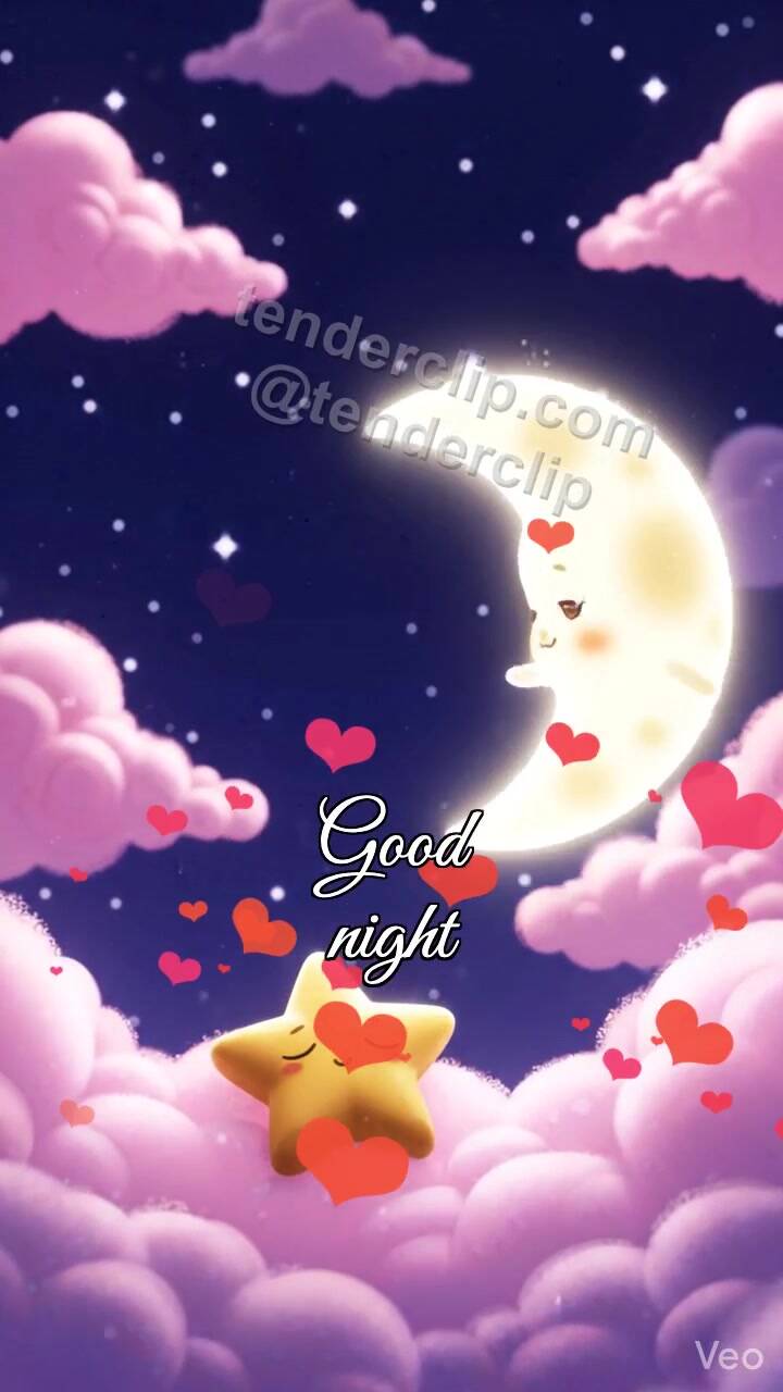 Animated greeting card about Good night: moon lifts a star