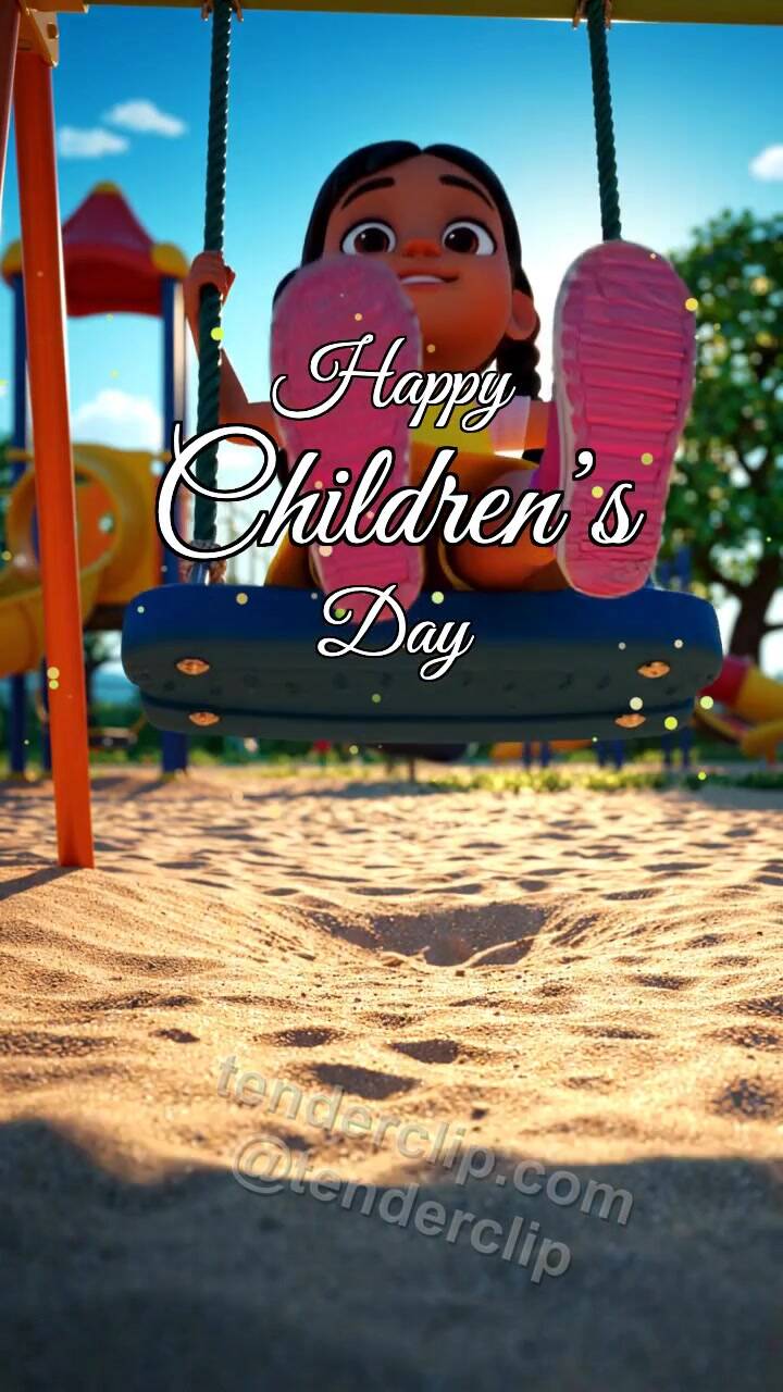 Animated greeting card about Happy Children’s Day: child swings on a playground swing