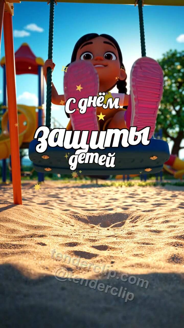 Анимационная открытка на тему С днём защиты детей: ребёнок качается на качелях