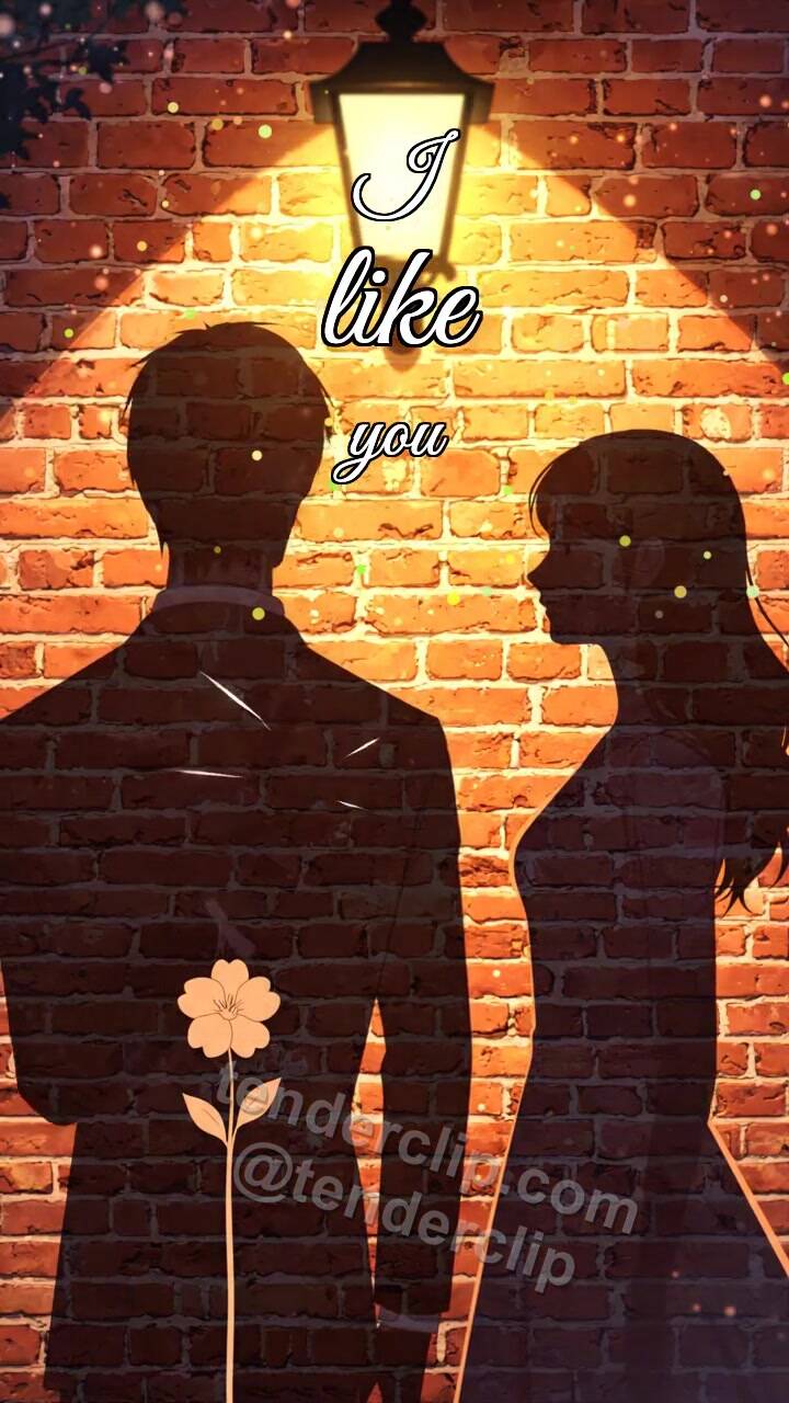 Animated greeting card about I like you: a man shadow gives a flower to a woman