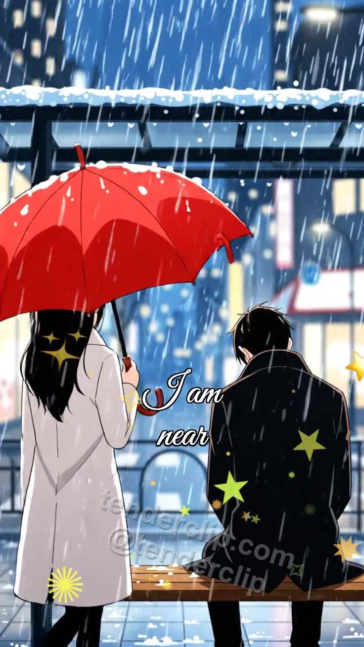Animated greeting card about I am near: woman shields a man from rain