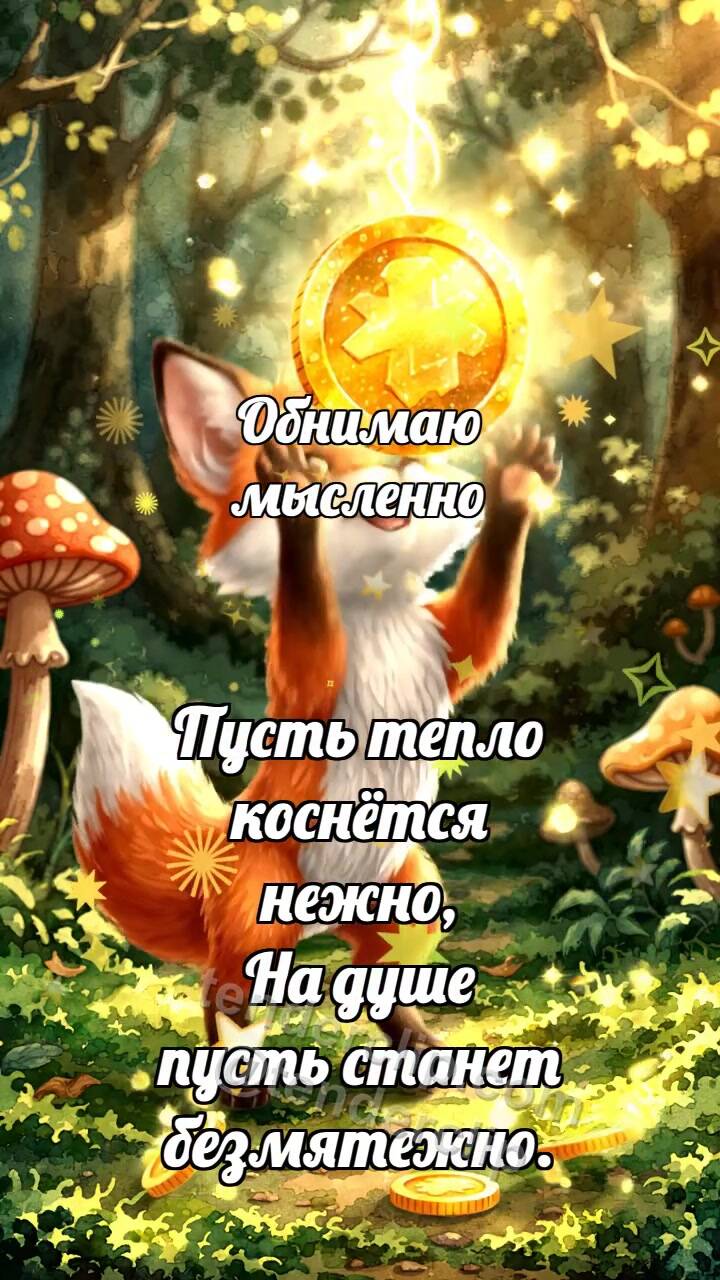 Анимационная открытка на тему Обнимаю мысленно: Лисёнок ловит удачу