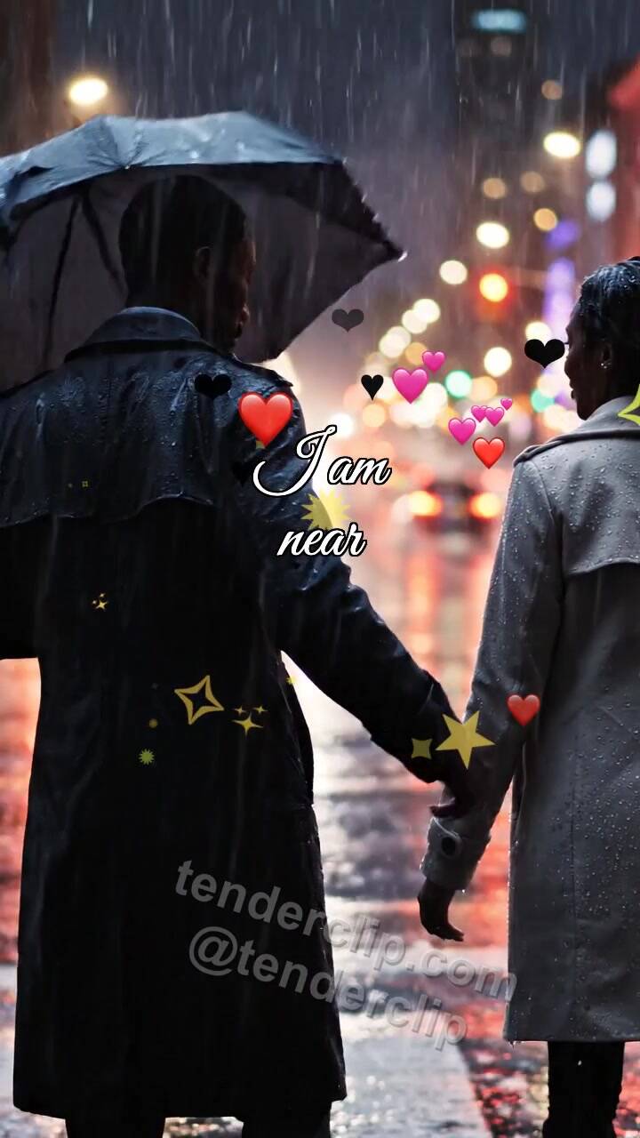Animated greeting card about I am near: man shields a woman from rain