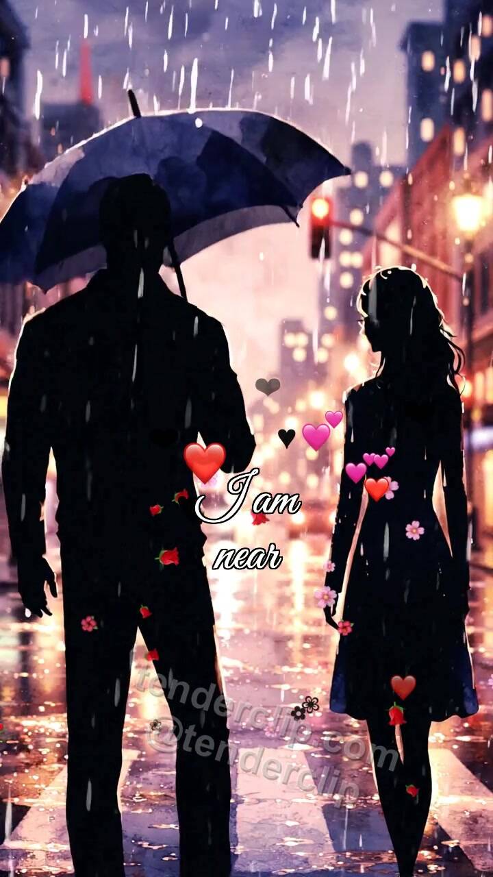 Animated greeting card about I am near: man shields a woman from rain