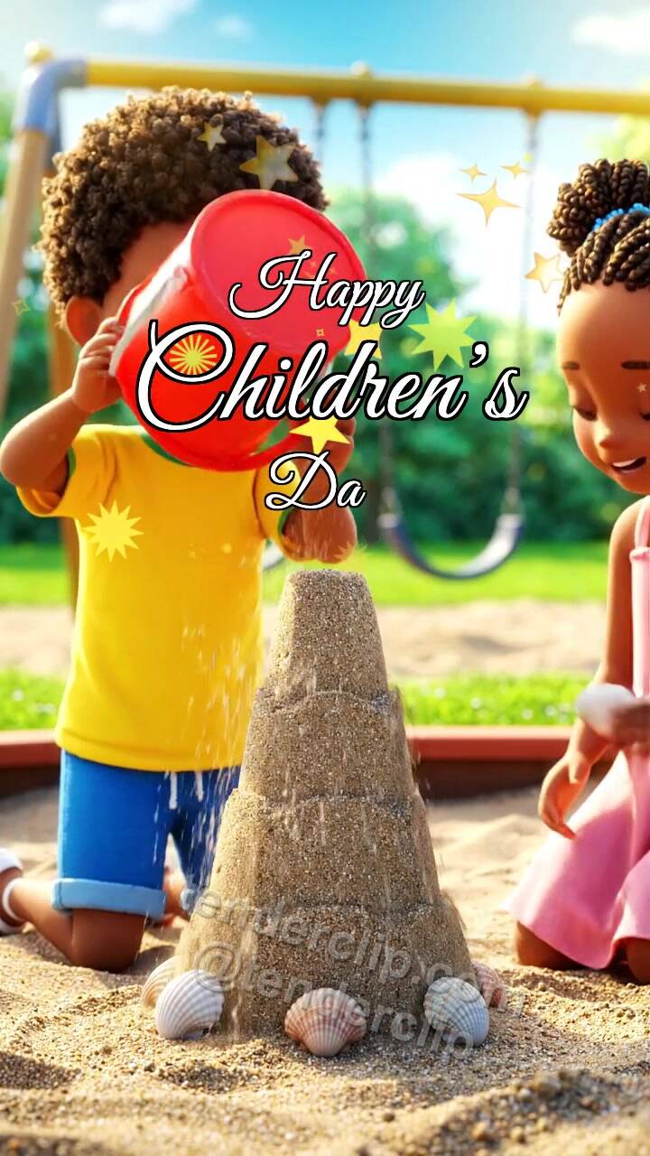 Animated greeting card about Happy Children’s Day: children build a sandcastle