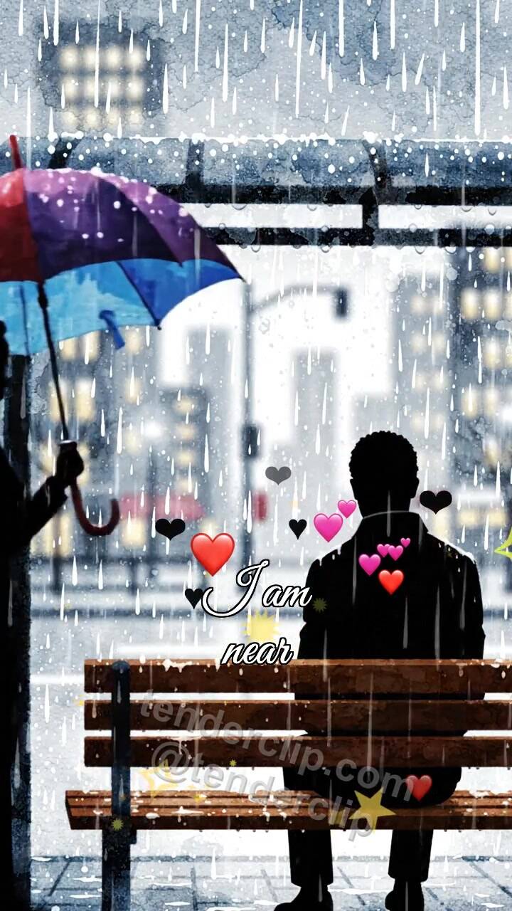 Animated greeting card about I am near: woman shields a man from rain