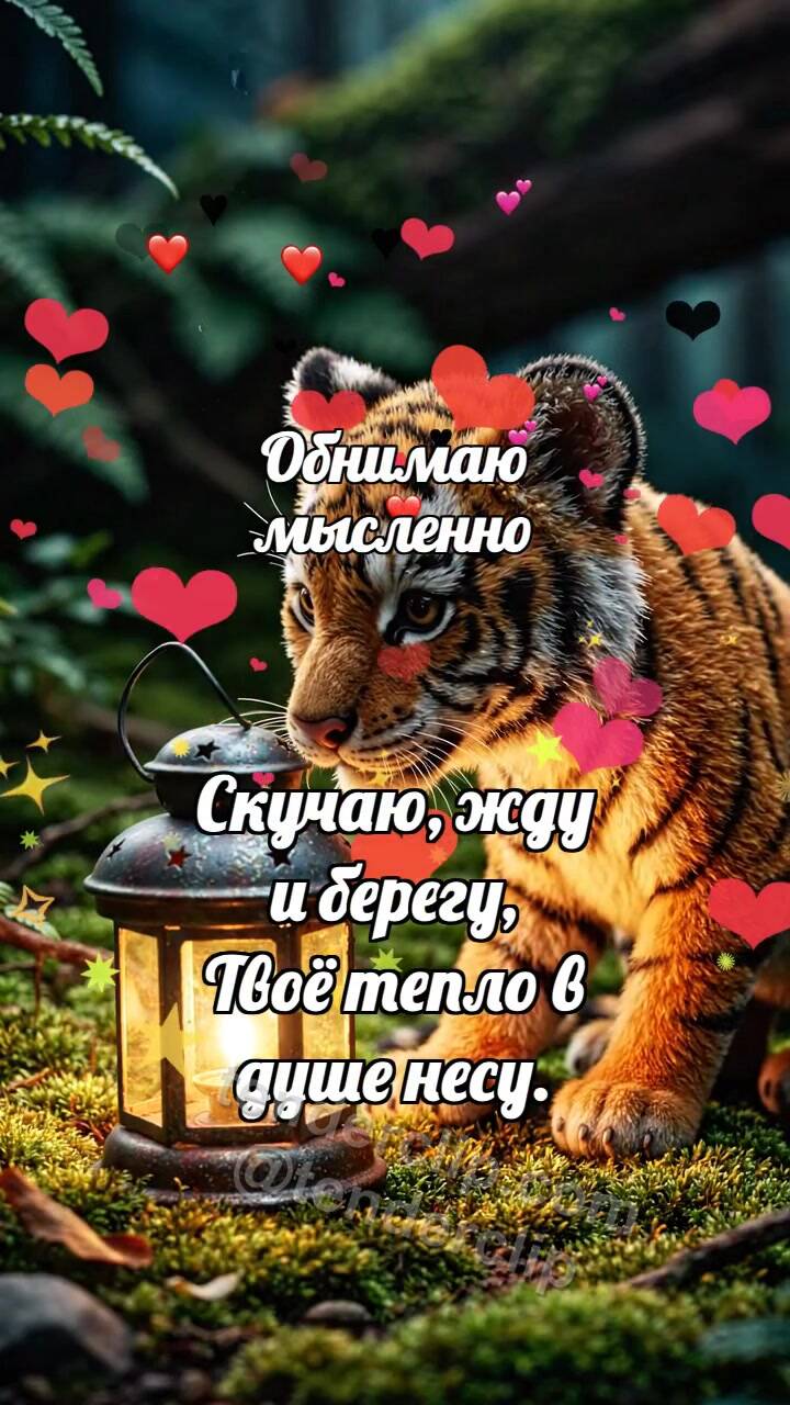 Анимационная открытка на тему Обнимаю мысленно: Тигрёнок зажигает второй фонарь